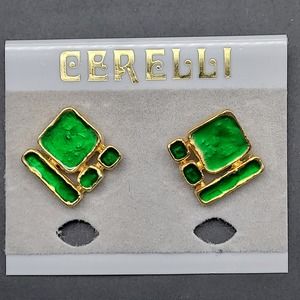 Vintage Cerelli Geometric Green Enamel Earrings Vintage 1980 Costume Jewelry NOS